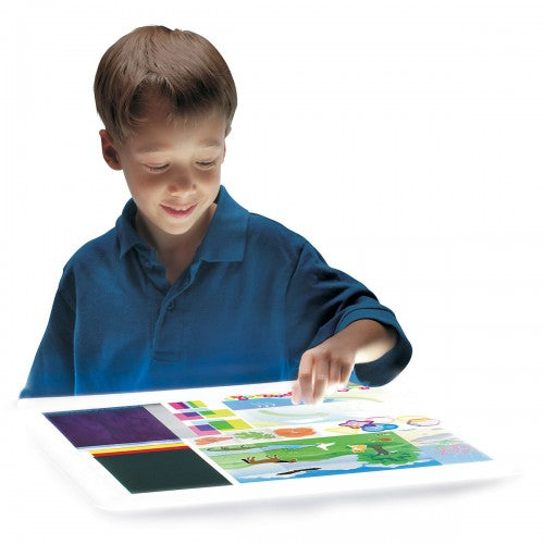 Light table kit with clear tabletop and colorful picture tiles