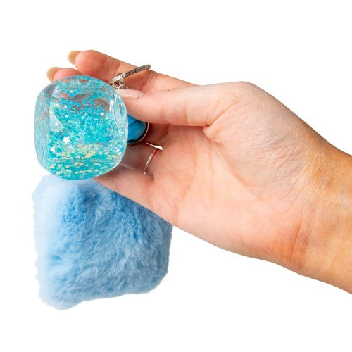 Blue fluffy fidget keychain with glitter ball and metal keyring