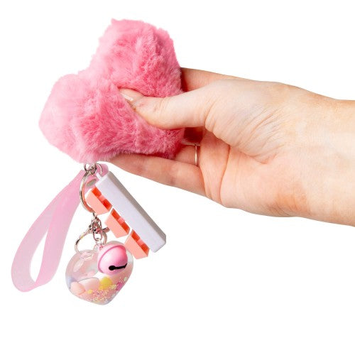Pink fluffy fidget keychain with wrist strap and dangling charm set