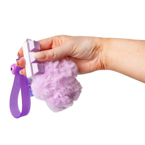 Purple fluffy fidget keychain with wrist strap and cube charm