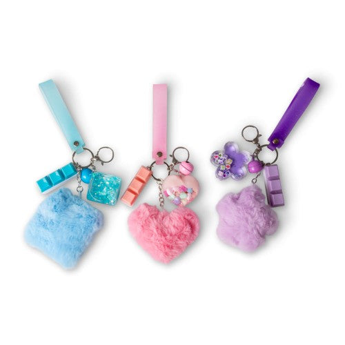 Fluffy fidget keychain set with fuzzy charm pom, bead and ribbon tassel accents