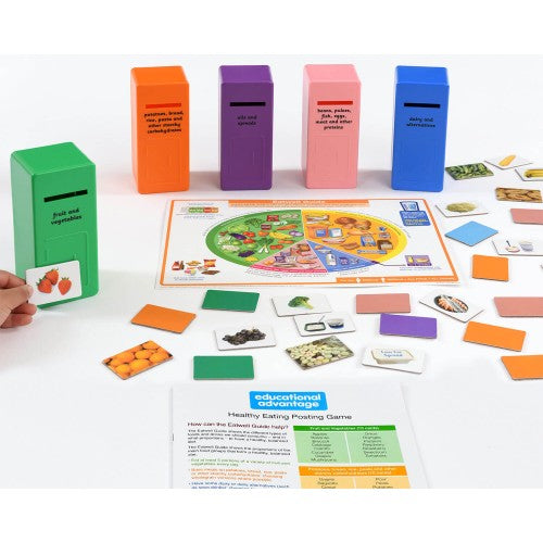 Food and healthy eating posting game set with colorful boxes, board, and cards