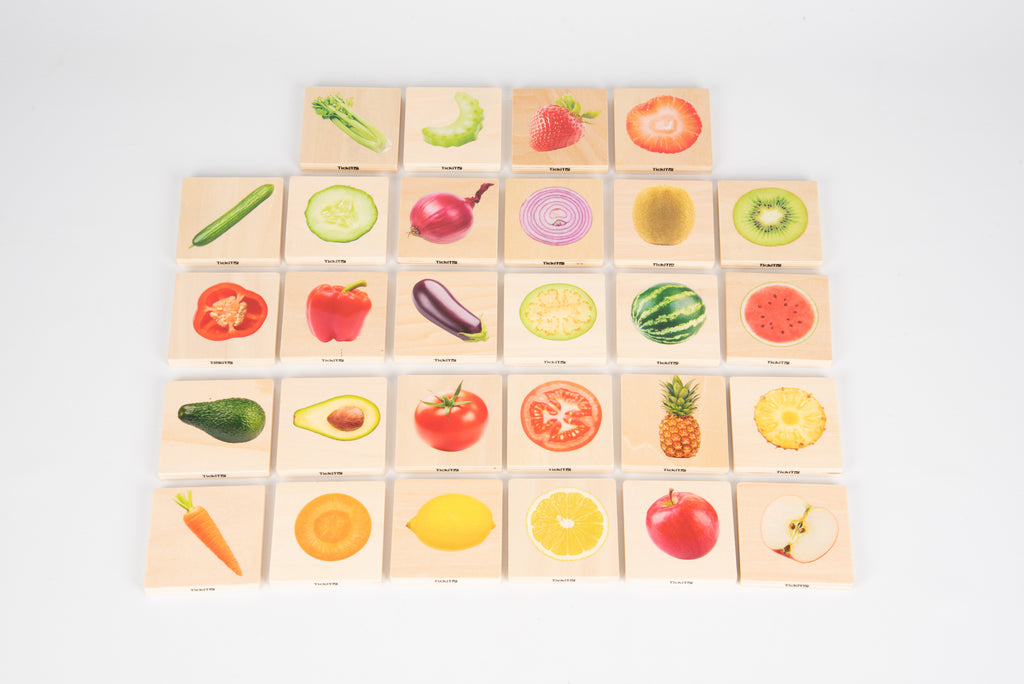 Fruit and vegetable matching cards arranged in a neat grid
