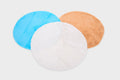 Three-layer round plush mat set in light blue, white, and tan