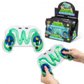 Controller-shaped sensory maze fidget with green and white swirls and blue buttons