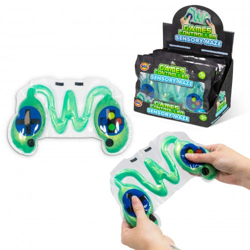 Controller-shaped sensory maze fidget with green and white swirls and blue buttons