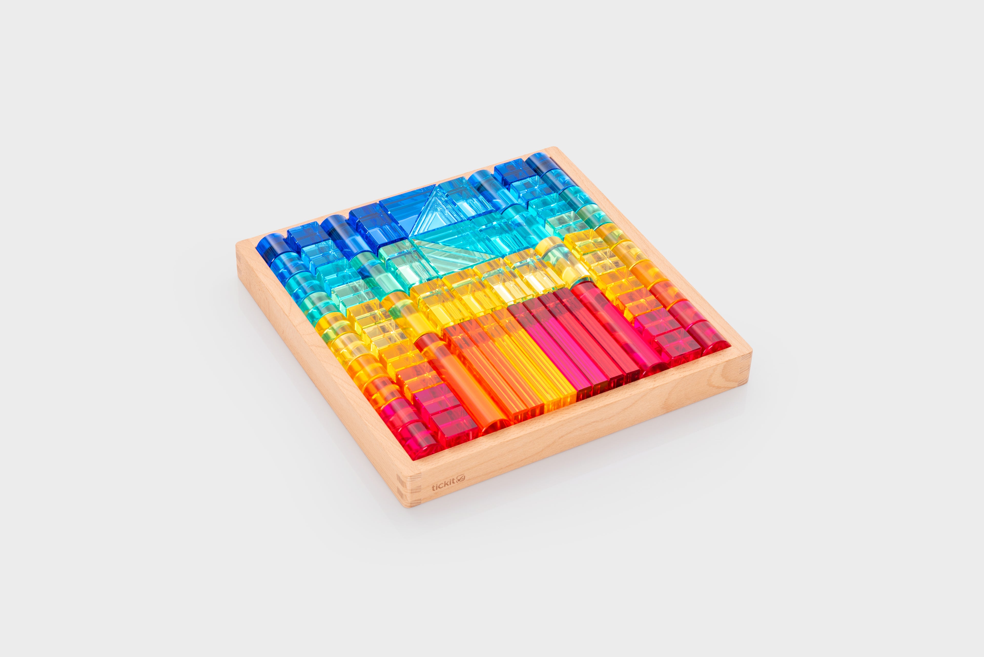 Wooden gem building shapes tray with colorful transparent grid blocks and bars