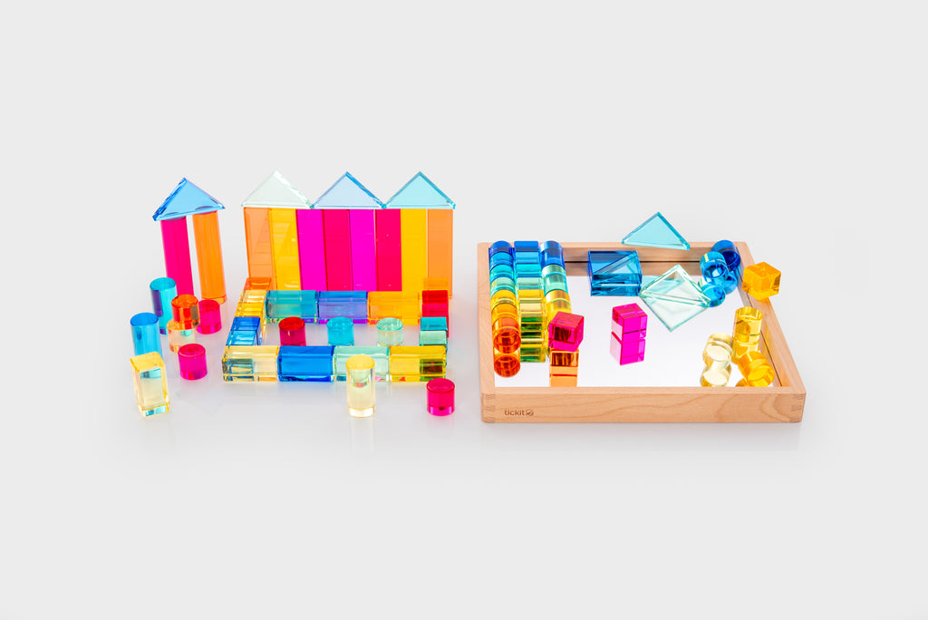 Gem building shapes set with wooden tray and colorful transparent blocks and pieces