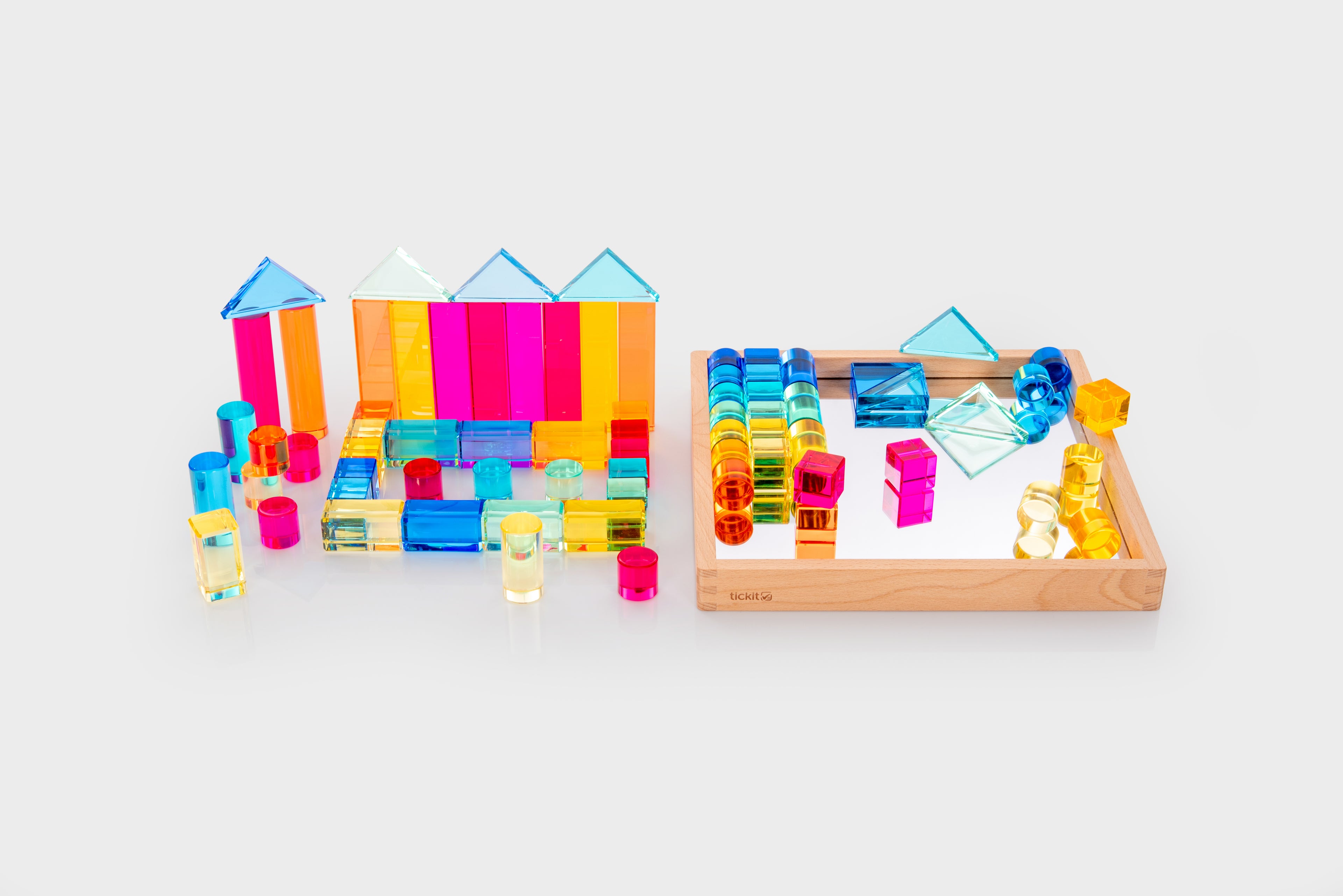 Gem building shapes set with wooden tray and colorful transparent blocks and pieces