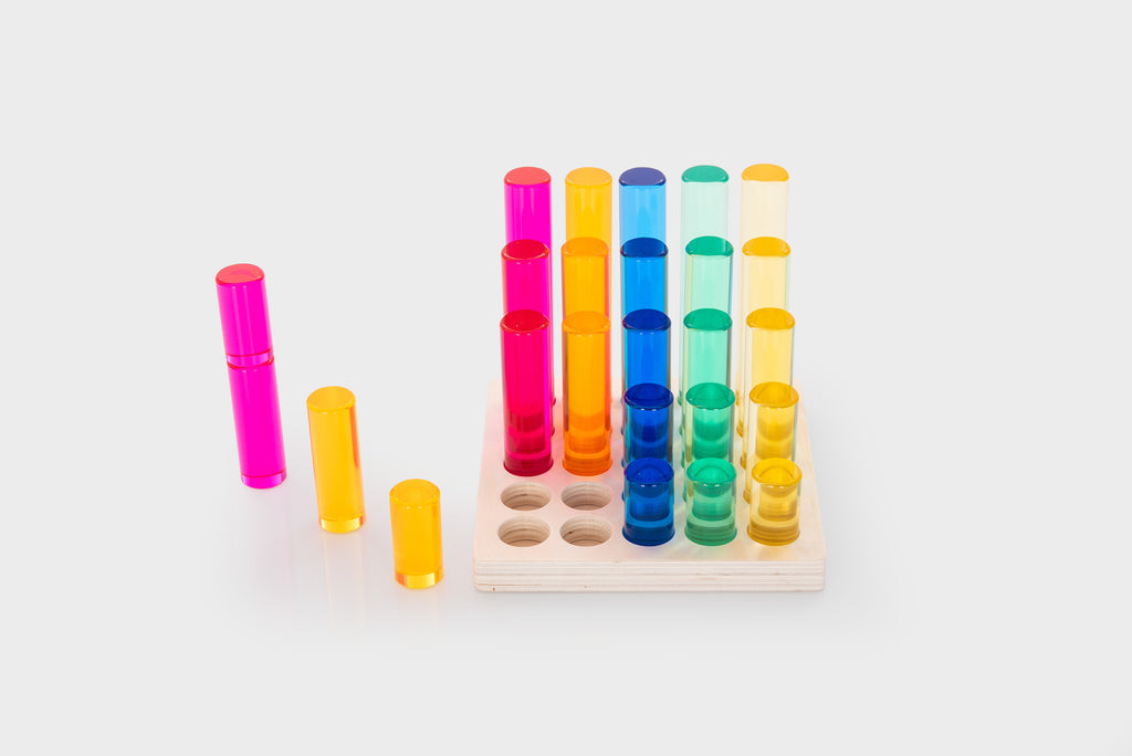 Gem column set featuring tall multicolor tubes, with a full tray and a few columns aside