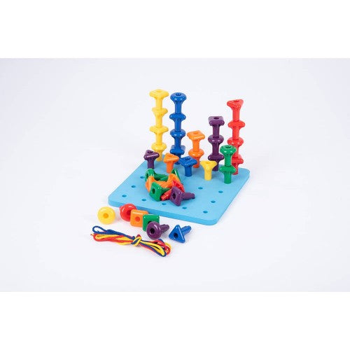 Colorful pegboard set with plastic pegs, multicolor rods, and string pieces
