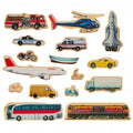 Assorted toy vehicle cutouts: bus, police car, helicopter, plane, boat, and more