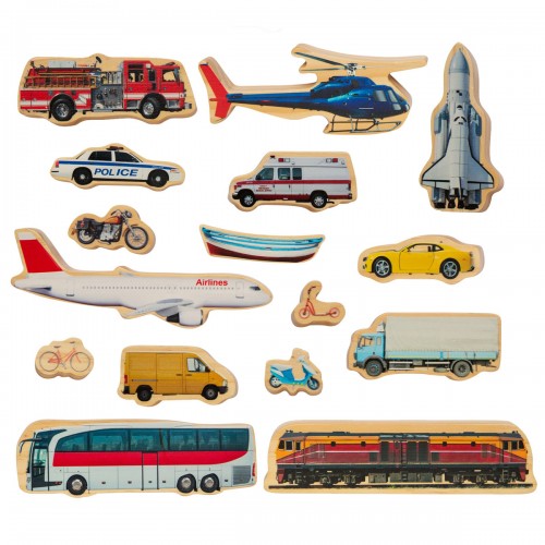 Assorted toy vehicle cutouts: bus, police car, helicopter, plane, boat, and more