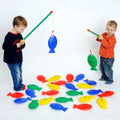 Kids fishing letter game set with colorful fish tiles and two fishing poles