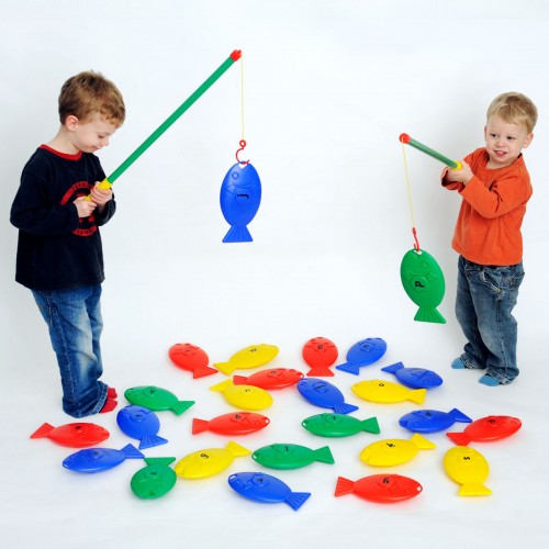 Kids fishing letter game set with colorful fish tiles and two fishing poles
