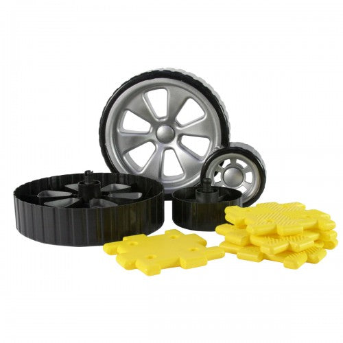 Giant polydron wheel add-on with two silver wheels and yellow connector pieces