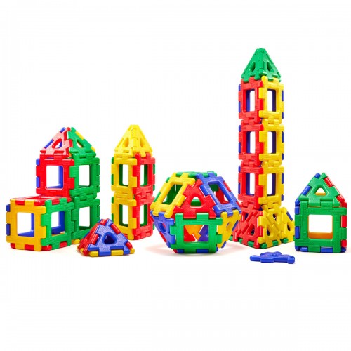 Colorful giant plastic building set with interlocking panels, arches, towers, and wheel