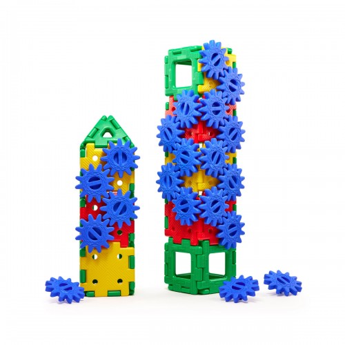 Giant plastic gear building set with green frames and blue gear wheels, plus small gears