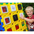 Yellow interlocking polydron set board with letter and number tiles