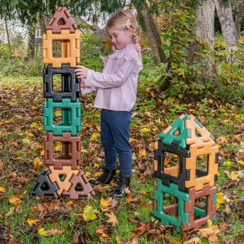 Modular polydron building set with colorful house-shaped panels and pieces