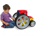 Large plastic polydron vehicle with red body, blue accents, yellow details, oversized wheels