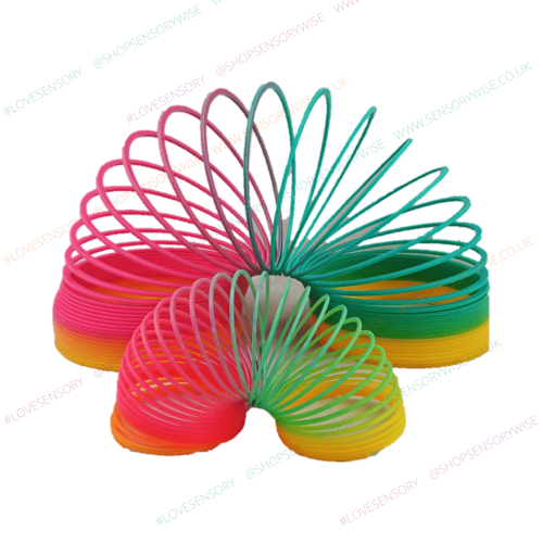 Giant rainbow retro spring slinky, multicolor coiled loops in pink, yellow, green, blue