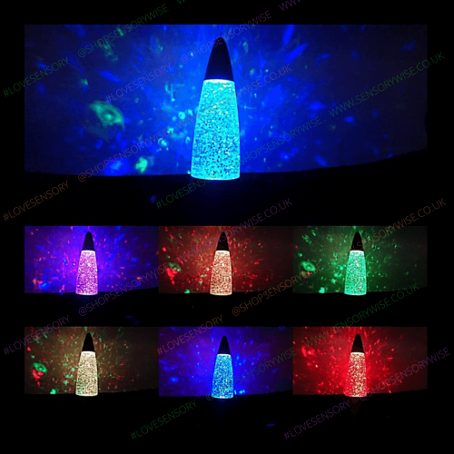 Glitter color-change lamp with cone shade glowing in blue and multicolor specks