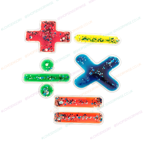 Glitter squishy maths symbols set (5): red plus, yellow bar, green circle & bar, blue cross.