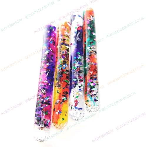 Glitter mini tube with multicolor confetti, purple and white sections, clear ends
