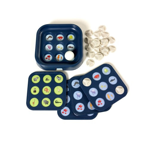 Gonge Blow Lotto game set: blue trays with animal discs and white blower ball pieces