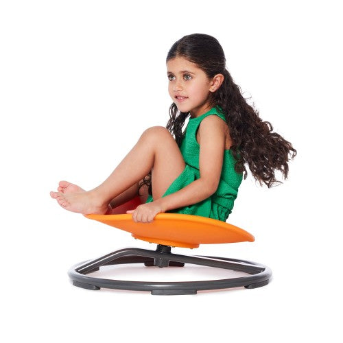 Orange seat on gray spinning base, child using the sit-on seat
