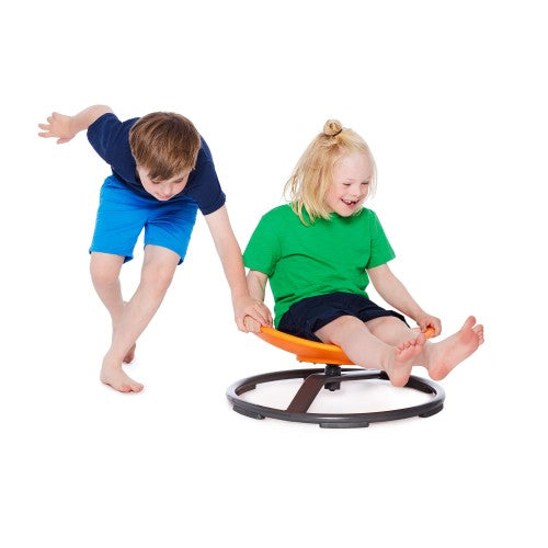 Orange spinning seat with gray circular base, shown with children playing
