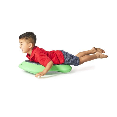 Green floor surfer body board with curved wedge shape for tumbling play