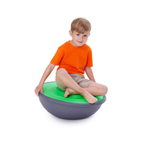 Inflatable balance air board with green top and gray base dome for sitting