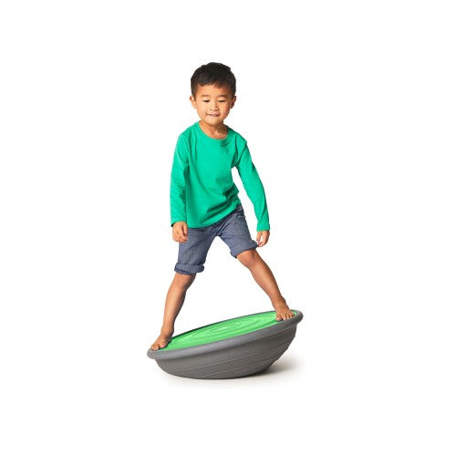 Inflatable balance air board with green top and gray base dome for stepping