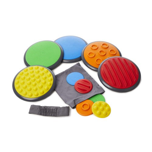 Textured sensory footpads with round discs in blue, green, yellow, orange, and red