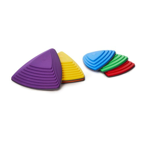 Triangular textured balance cushions in purple, yellow, blue, green, and red
