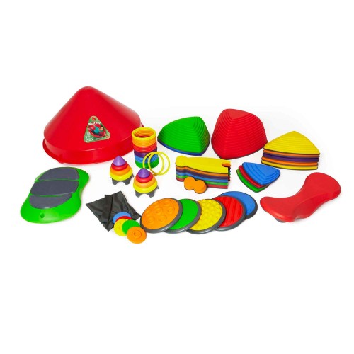 Colorful sensory shapes, including domes, ramps, and discs for balance play