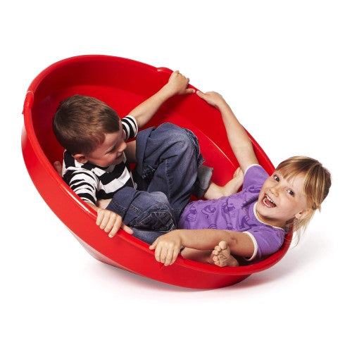 Red cone sit-in spinning toy with two children playing inside