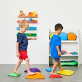 Six-piece set of colorful foam stepping stones with rounded, ridged surfaces