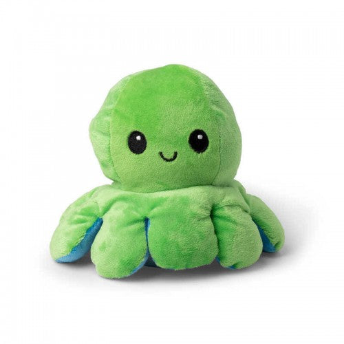 Reversible octopus plush toy, green plush with blue-tipped tentacles and stitched face