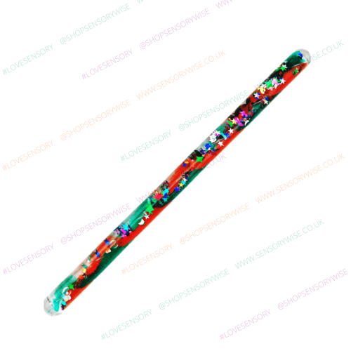 Glitter tube jumbo pen with green outer layer, red-orange center, star confetti