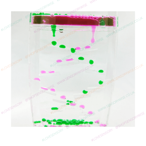 Clear liquid motion tumbler with green and pink gel beads