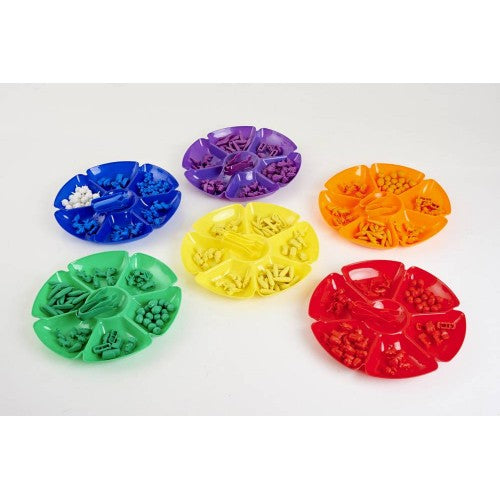 Flower-shaped multi-purpose trays set, six-piece assortment in green, blue, purple, yellow, orange, red.