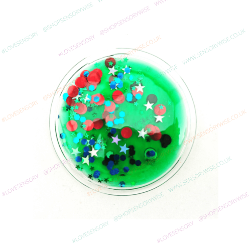 Sensory glitter disc with domed clear top, green swirl with multicolor stars and circles