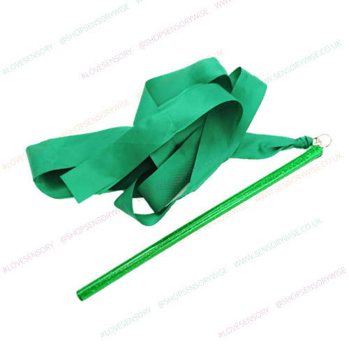Green gymnastics ribbon wand with 1.8 m pole and flowing ribbon loops