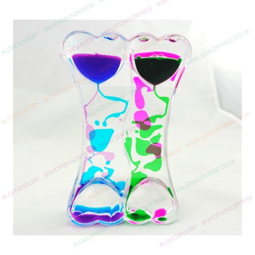 Clear twin hourglass sand timers with multicolor liquid swirls on both sides