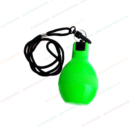 Squeeze whistle with black lanyard and green squeezable bulb
