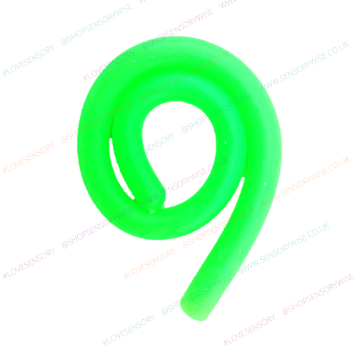 Green stretchy noodle fidget, coiled loop with curved tail.