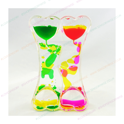 Clear twin hourglass sand timers with green, yellow, red, pink liquid